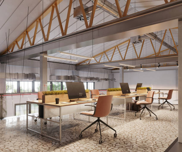 istock Interior of a modern office with working desks in 3d 1368027827