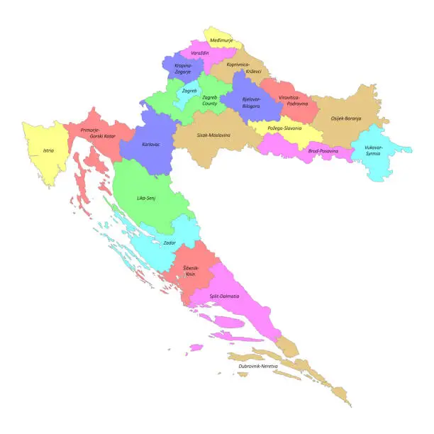 Vector illustration of High quality labeled map of Croatia with borders of the regions