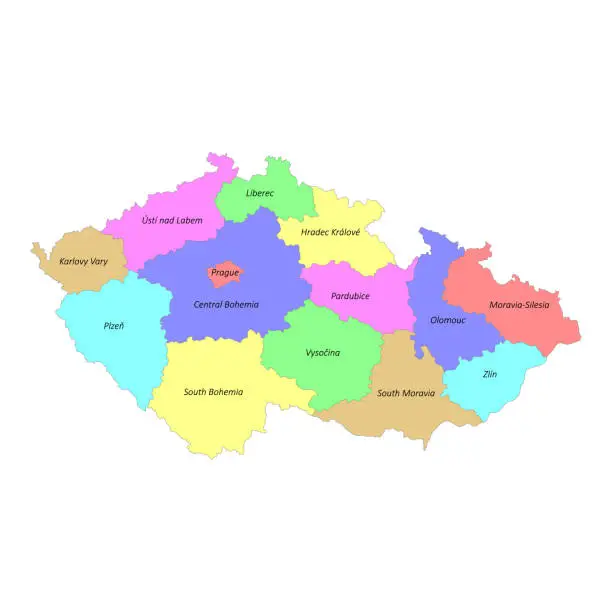Vector illustration of High quality colorful labeled map of Czech republic with borders