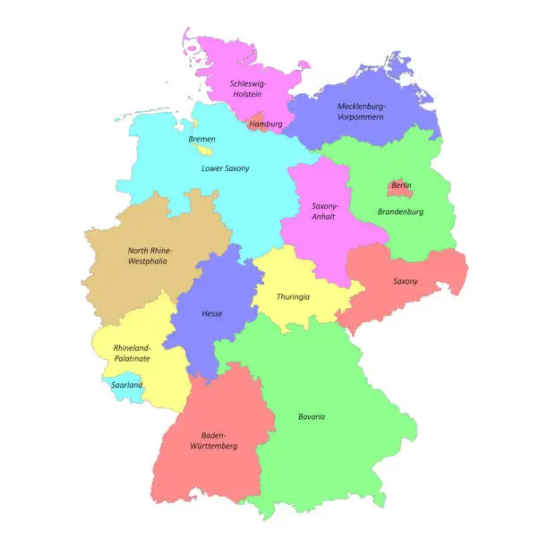 Vector illustration of High quality colorful labeled map of Germany with borders