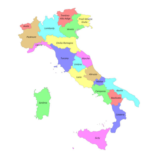 high quality colorful labeled map of italy with borders - emiliano martinez 幅插畫檔、美工圖案、卡通及圖標
