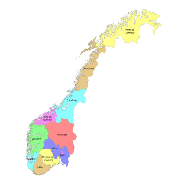 illustrazioni stock, clip art, cartoni animati e icone di tendenza di mappa etichettata di alta qualità della norvegia con i confini delle regioni - map of norway