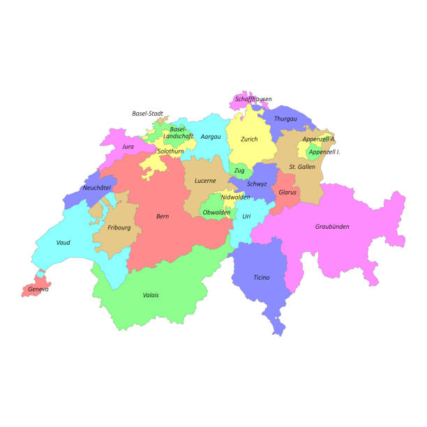 High quality colorful labeled map of Switzerland with borders High quality colorful labeled map of Switzerland with borders of the cantons zurich map stock illustrations