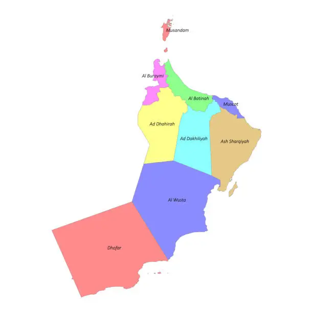 Vector illustration of High quality labeled map of with Oman borders of the regions