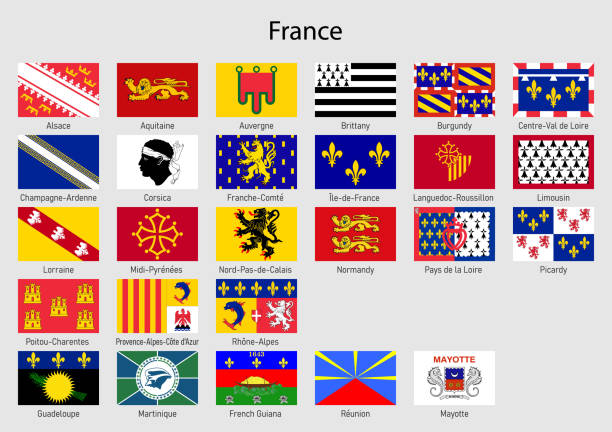 Flags of the province of France, All French regions flag collection Set Flags of the province of France, All French regions flag collection mayotte stock illustrations