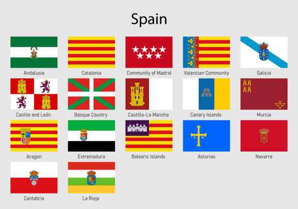 flags of the communities of spain, all spanish regions flag collection - murcia stock illustrations