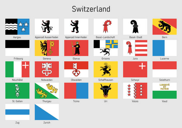 flaggen der kantone der schweiz, flaggensammlung aller schweizer regionen - deutsches wappen stock-grafiken, -clipart, -cartoons und -symbole