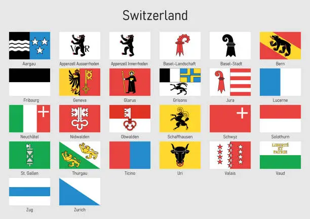 Vector illustration of Flags of the cantons of Switzerland, All Swiss regions flag collection