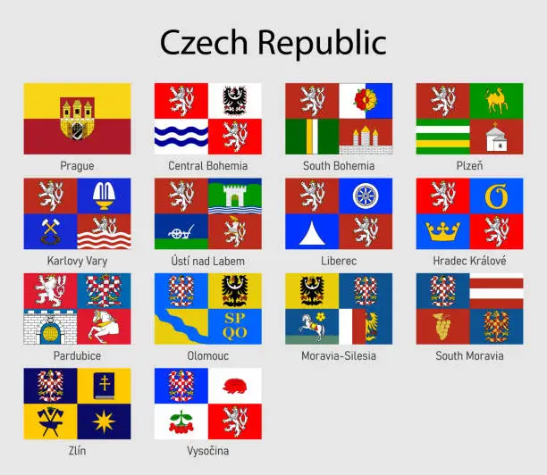 Vector illustration of Flags of the provinces of Czech Republic. All Czechia regions flag collection