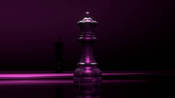 spielkonzept. dunkle marmorschachkönigin. violettes neonlicht. 3d-abbildung - strategy chess conflict chess board stock-fotos und bilder