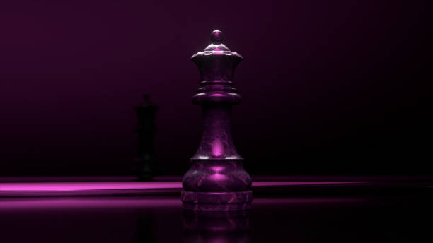 concepto de juego. reina del ajedrez de mármol oscuro. luz de neón violeta. ilustración 3d - strategy chess conflict chess board fotografías e imágenes de stock