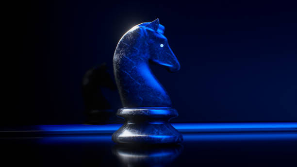 Game concept. Dark marble chess knight. Blue neon light. 3d illustration stock photo