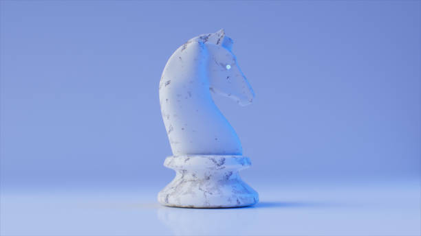 istock Game concept. White marble chess knight on a blue background. 3d illustration 1368031028
