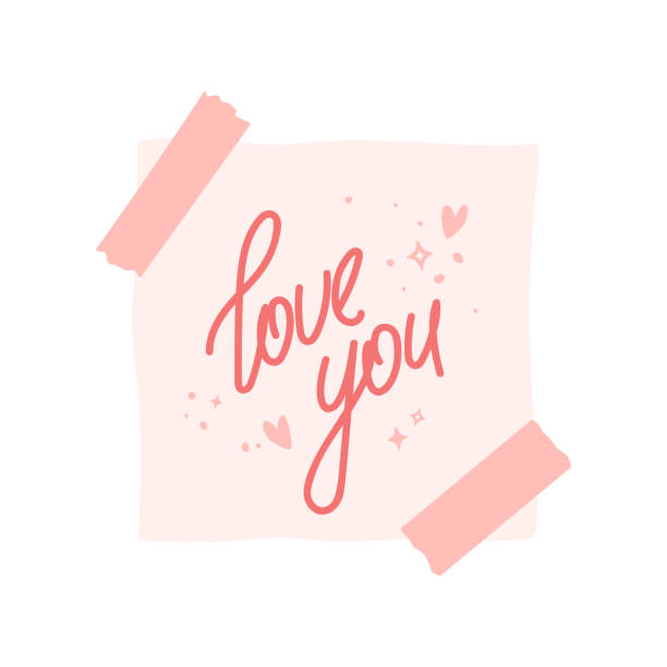 Love you message with graphic stars and hearts. Paper note with tapes. Valentine's Day mail, birthday card element, sticker. Vector illustration. happy valentines day book stock illustrations