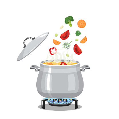 Boiling soup in pot on gas stove. Cooking concept. Vector illustration of food in saucepan in cartoon flat style.