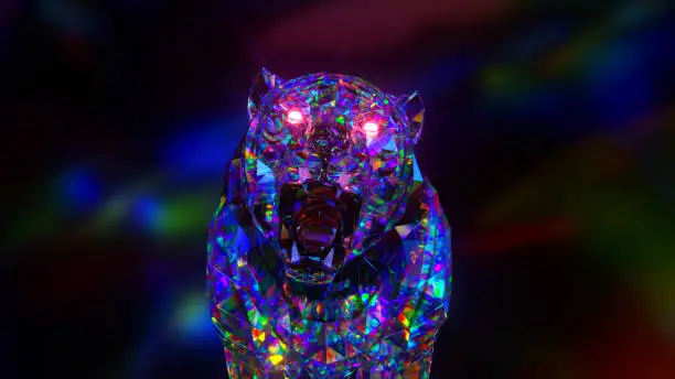 Photo of Snarling diamond tiger. Nature and animals concept. Lowpoly. Blue neon color. Symbol of 2022. 3d Illustration