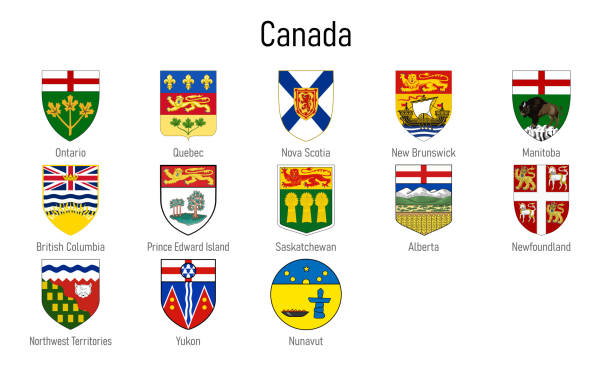 ilustraciones, imágenes clip art, dibujos animados e iconos de stock de escudo de armas de las provincias de canadá, emblema de todas las regiones canadienses - canadian province