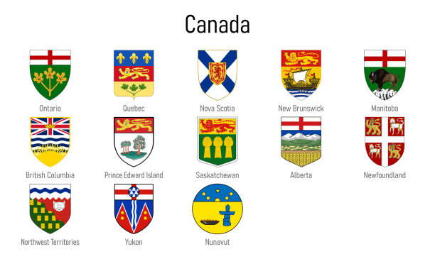 ilustrações de stock, clip art, desenhos animados e ícones de coat of arms of the provinces of canada, all canadian regions emblem - alberta flag canada province