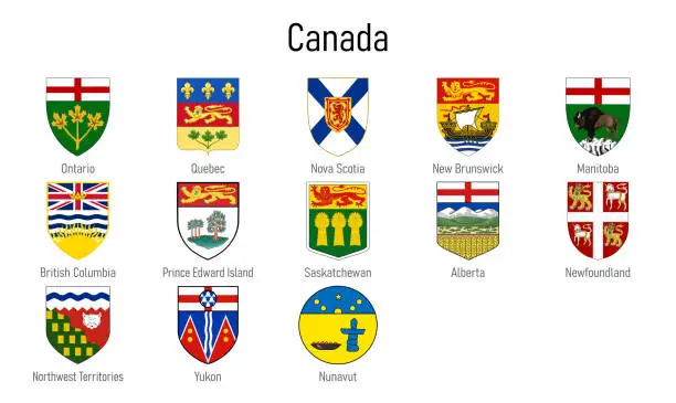 Vector illustration of Coat of arms of the provinces of Canada, All Canadian regions emblem