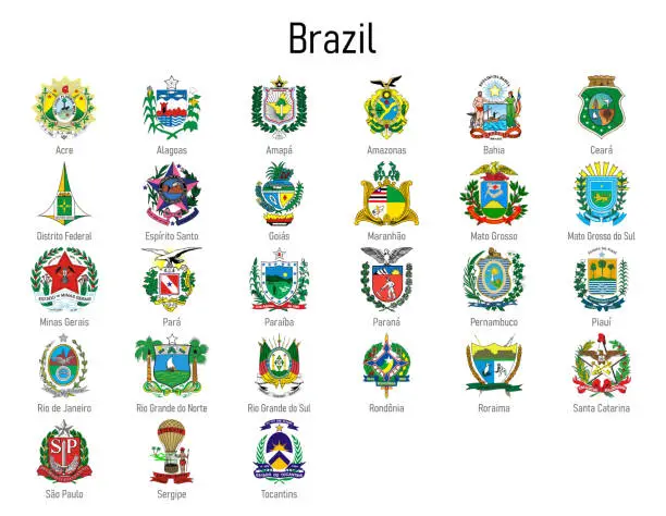 Vector illustration of Coat of arms of the states of Brazil, All Brazilian regions emblem
