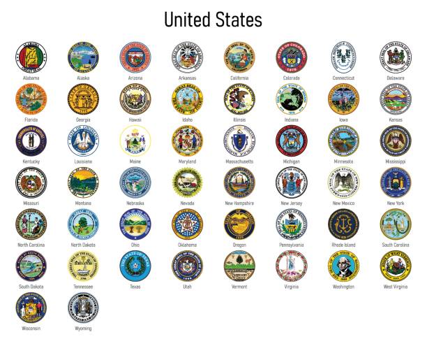 ilustraciones, imágenes clip art, dibujos animados e iconos de stock de escudo de armas de los estados de los estados unidos, emblema de todas las regiones de los estados unidos - michigan maryland