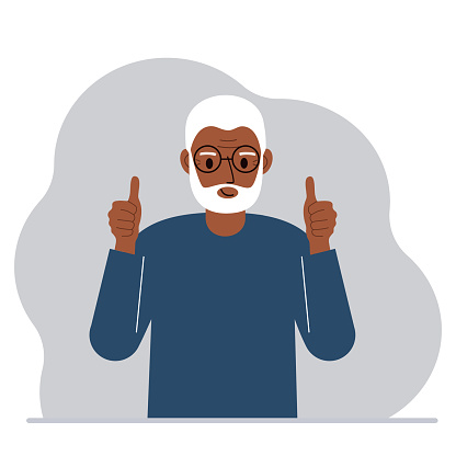 Joyful grandfather, with two hands shows a thumbs up sign everything is okay. Make, consent, approval, success.