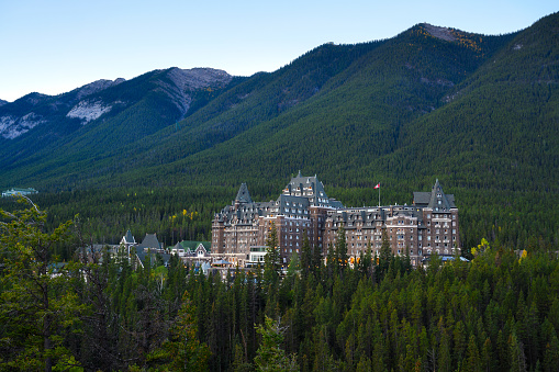 Banff, Canada - September 22, 2021: Fairmont Banff Springs Hotel located in the Canadian Rockies. This hotel was built during the 19th century in Scottish Baronial style.