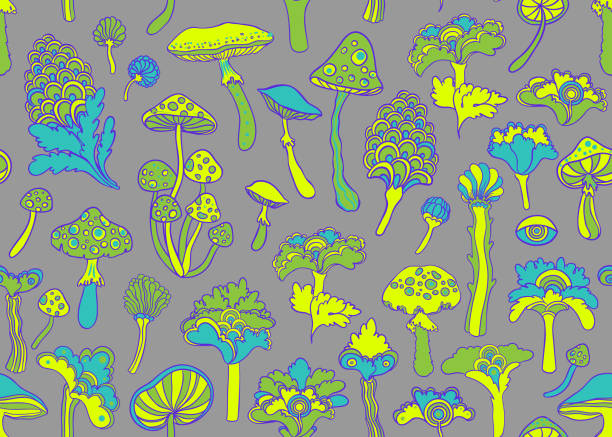 Floral and mushrooms colorful seamless pattern,  retro 60s, 70s hippie style background. Vintage psychedelic textile, fabric, wrapping, wallpaper. Vector repeating illustration. vector art illustration