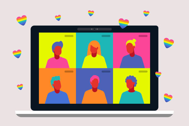 illustrazioni stock, clip art, cartoni animati e icone di tendenza di poster di coppia gay. incontri con persone gay.  gruppo di persone in videoconferenza. vettore di appuntamenti online. comunità lgbt. lgbtq. banner lgbt. cultura gay americana.  mese dell'orgoglio lgbt. gay pride. movimenti sociali lgbt. comunità omosess - rainbow gay pride homosexual homosexual couple