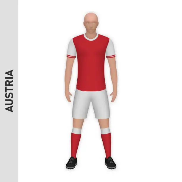 Vector illustration of 3D realistic soccer player mockup. Austria Football Team Kit template
