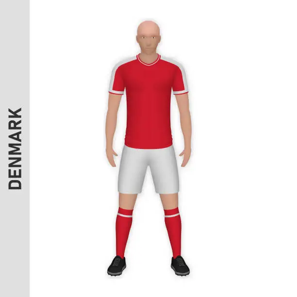 Vector illustration of 3D realistic soccer player mockup. Denmark Football Team Kit template