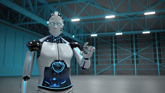 Humanoid robot in an industrial hall. 3d illustration.