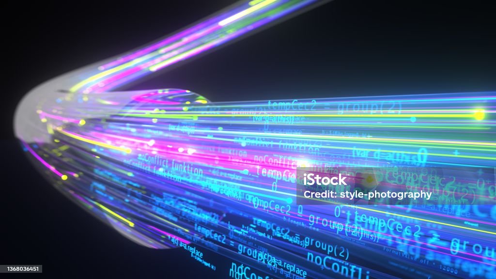 Fiber Glass Algorithm Algorithm streams over the optical fiber. 3d illustration. Fiber Optic Stock Photo