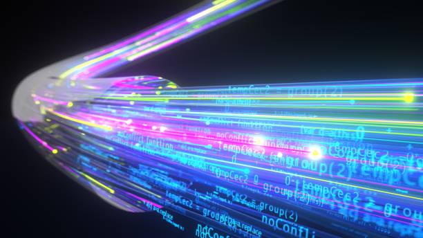 Fiber Glass Algorithm Algorithm streams over the optical fiber. 3d illustration. network cables stock pictures, royalty-free photos & images