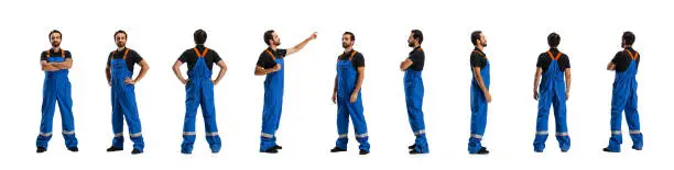 Profile, front and back view of man, male auto mechanic in dungarees standing alone isolated on white background. Concept of labor, business, caree, job, sales, ad. Nonprofessional occupations. Collage