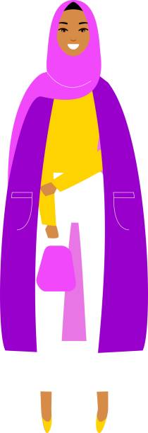 Vector colorful illustration of arab women in modern clothes hijab. Young beautiful islamic saudi arabic girls in smart casual clothes. cartoon of muslim costume stock illustrations