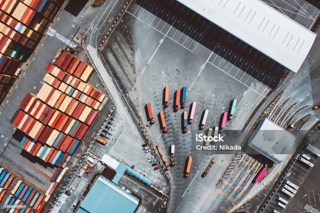 Top View of the industrial logistic zone, Shenzhen, China Top View of container ship terminal in Shenzhen, China Economy Stock Photo