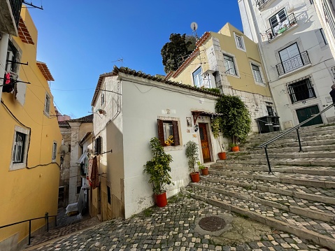 Alfama Lisboa district with narrow street and steps, Lisbon, Portugal
