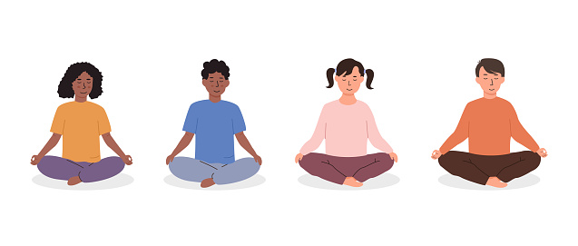 Diverse kids meditating. Children doing yoga exercise. Meditation lesson in kindergarten concept. Set of different race young female and male characters sitting on floor calmly. Vector illustration