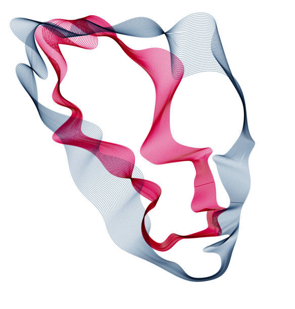 sztuczna inteligencja, abstrakcyjny artystyczny portret ludzkiej głowy wykonany z tablicy cząstek kropkowanych, cyfrowy interfejs wizualny oprogramowania wektorowego. cyfrowa dusza, duch czasu technologicznego. - art brain contemplation cyborg stock illustrations
