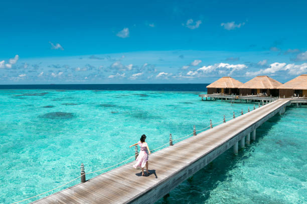 istock Beautiful woman enjoying view on jetty bridge 1368042718