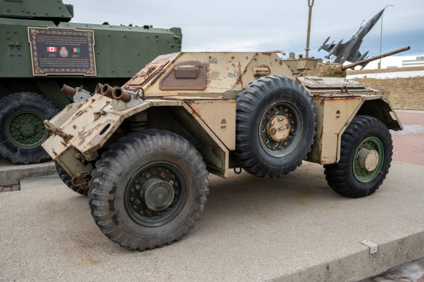 Calgary, Alberta - January 30, 2022: View of an armoured scout vehicle at the Calgary Military Museum.