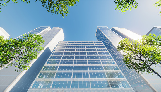 3d rendering of high building or skyscraper in city or downtown. That is real estate, property, house or residential. Include green leaf of tree, blue sky, sun and sunlight reflection on glass wall or window. Look modern for background, concept of corporate, center of business and finance. Look up and perspective view.