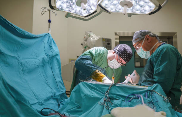 병원 수술실에서 뇌종양 수술을 운영하는 신경외과 의사 팀 - 신경외과 뉴스 사진 이미지