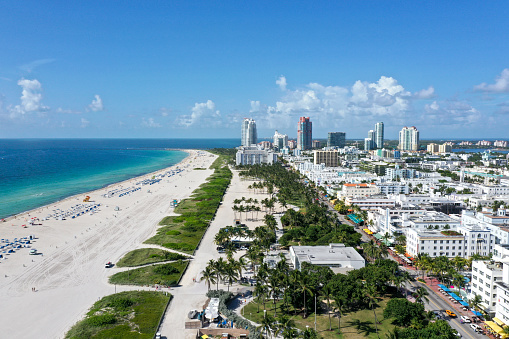 Elevated aerial view looking south down Ocean Drive, Miami Beach, Florida