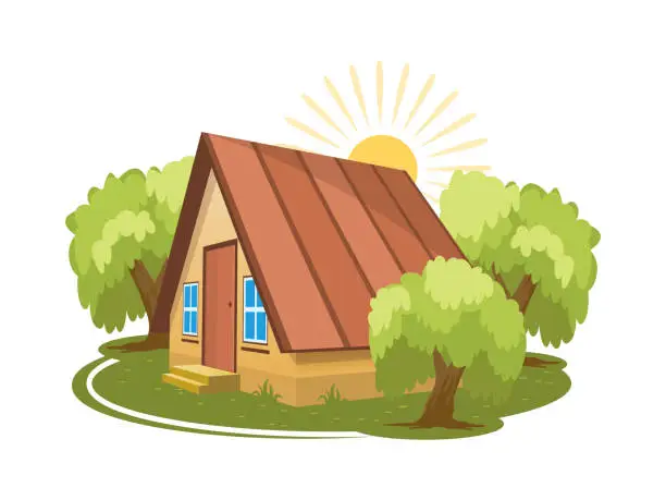 Vector illustration of Summer landscape. House surrounded by trees