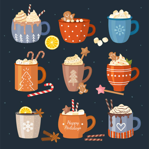 Winter drinks. Beverages christmas celebration liquid food coffee tea cappuccino with marshmallows decorative mugs recent vector flat illustrations Winter drinks. Beverages christmas celebration liquid food coffee tea cappuccino with marshmallows decorative mugs recent vector flat illustrations. Winter holiday drink, christmas design coffee marshmallow chocolate stock illustrations