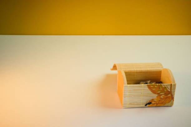 Open treasure bamboo chest with coins. High quality photo