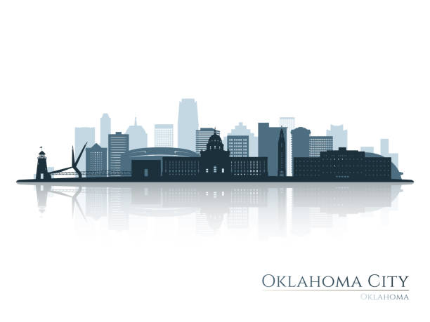 illustrations, cliparts, dessins animés et icônes de silhouette de la ligne d’horizon d’oklahoma city avec reflet. paysage okc, oklahoma. illustration vectorielle. - oklahoma oklahoma city city skyline