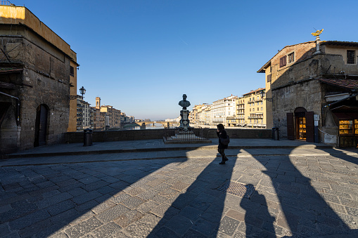 Florence, Italy. January 2022. A view from the Ponte vecchio bridge center  in the city center